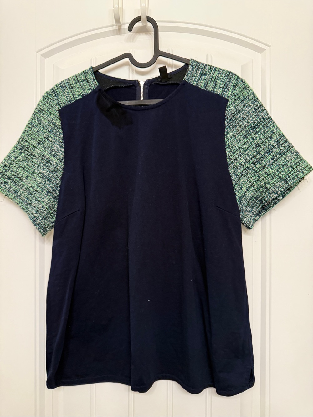J. Crew Navy Short-Sleeve Top with Green Tweed Sleeves